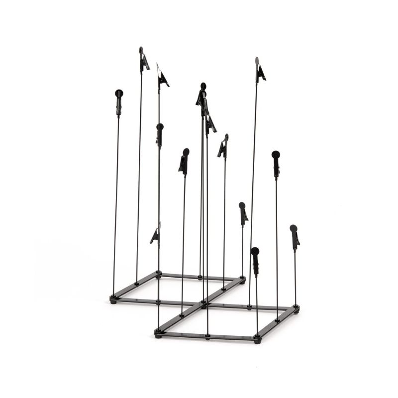 Stylish black metal photo display holding up to 15 pictures, customizable height, perfect for home decor and mementos.