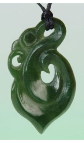 Jade Manaia Pendant, 45mm x 24mm, carved Nephrite Jade symbolizing protection, strung on adjustable black wax cord.