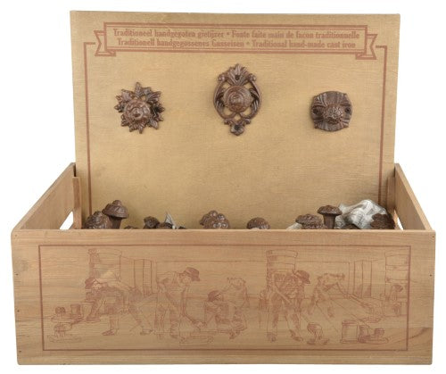 Set of 6 assorted cast iron doorknobs, each 7x4cm, handcrafted for durability and style, displayed in a wooden box.