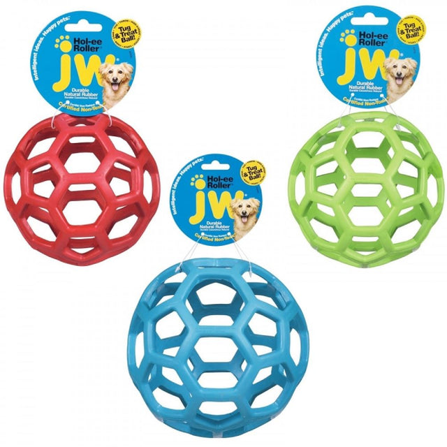 Brightly colored JW Hol-ee Roller dog toy, 9cm, made of durable rubber, perfect for fetch and treat-filled fun.