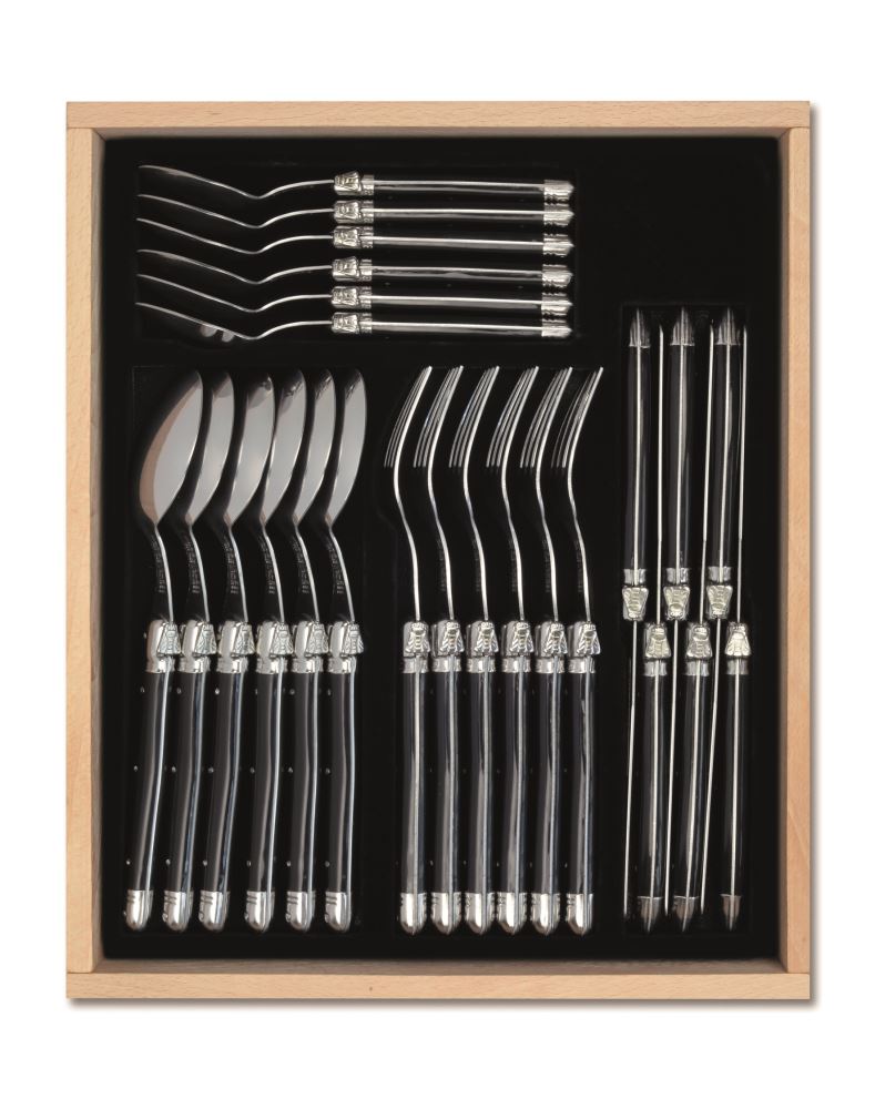 Elegant 24-piece black Laguiole cutlery set from Andre Verdier, crafted in France with stainless steel and ergonomic resin handles.