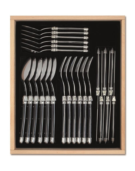 Elegant 24-piece black Laguiole cutlery set from Andre Verdier, crafted in France with stainless steel and ergonomic resin handles.