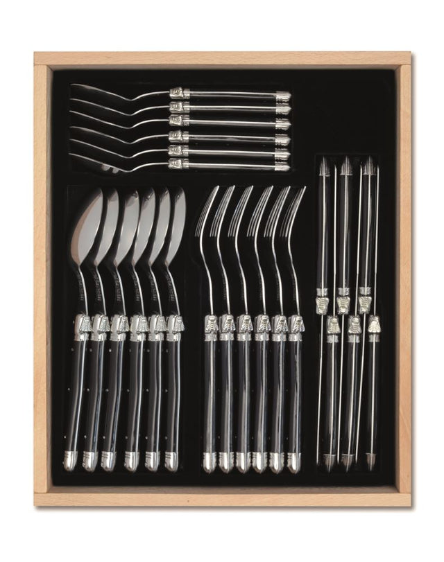 Elegant 24-piece black Laguiole cutlery set from Andre Verdier, crafted in France with stainless steel and ergonomic resin handles.