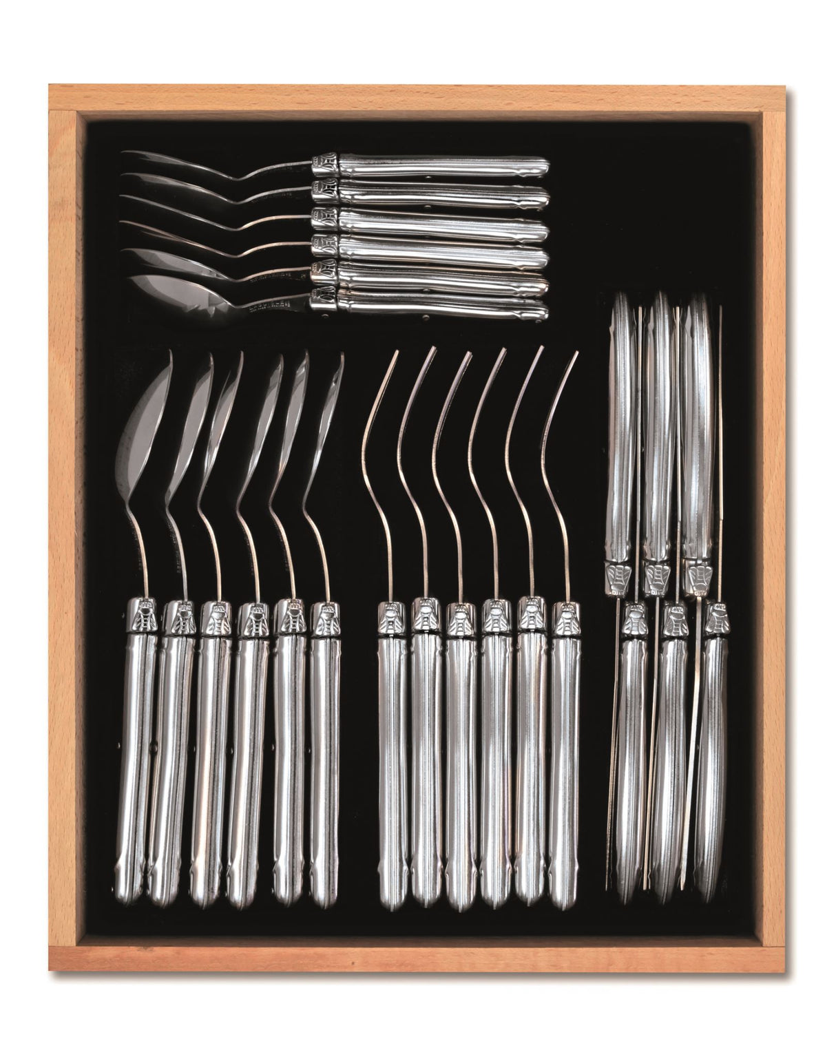 Elegant 24-piece stainless steel cutlery set featuring Laguiole Bee design, perfect for any dining occasion.