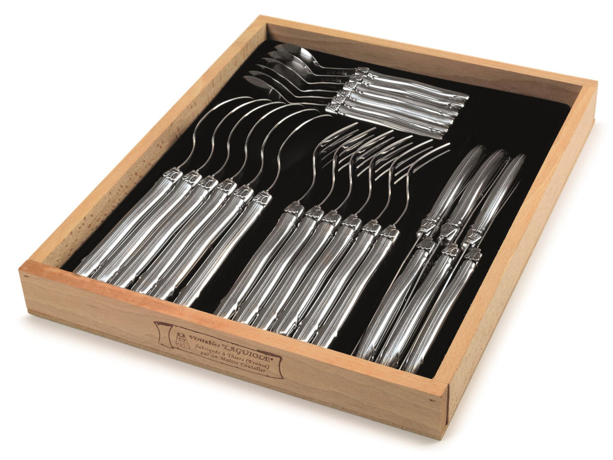Elegant 24-piece stainless steel cutlery set featuring the iconic Laguiole Bee, perfect for any dining occasion.