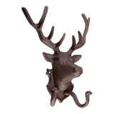 Cast iron wall hook featuring a detailed deer head, perfect for hanging coats and hats in rustic or modern decor.