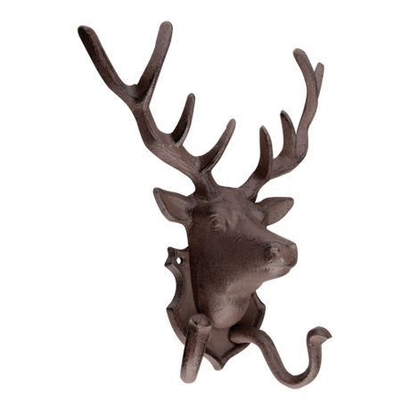 Cast iron wall hook featuring a detailed deer head, perfect for hanging coats and hats in rustic or modern decor.