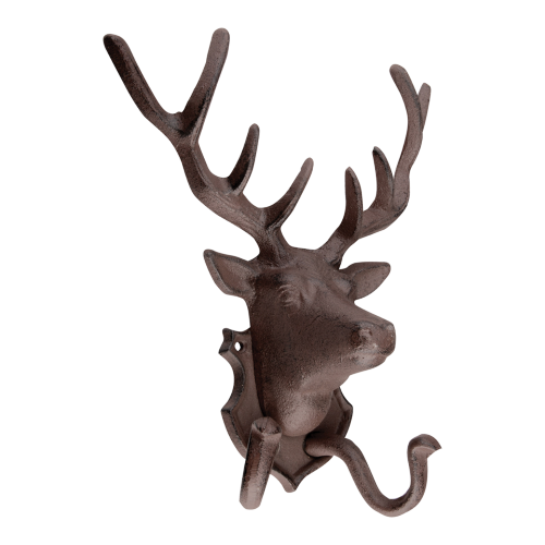 Cast iron wall hook featuring a detailed deer head, perfect for hanging coats and hats in rustic or modern decor.