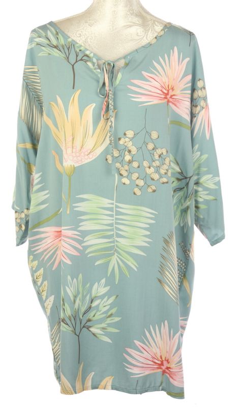Aqua botanical print kaftan made from 100% viscose, designed for comfort and elegance, perfect for warm weather occasions.