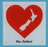 Tempered glass coaster set featuring heart designs, perfect for home decor and gifts, celebrating New Zealand.