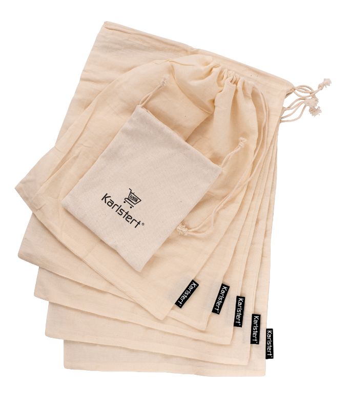 Eco-friendly set of 5 reusable muslin produce bags made from organic cotton, perfect for grocery shopping and reducing plastic use.