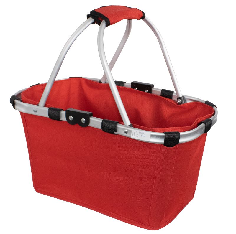 Two-handle foldable carry basket in vibrant red, made from water-resistant polyester with ergonomic handles and zip pocket.