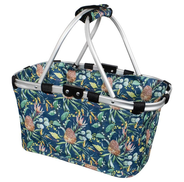 Lightweight, foldable carry basket with ergonomic handles, zip pocket, and water-resistant fabric for eco-friendly shopping.