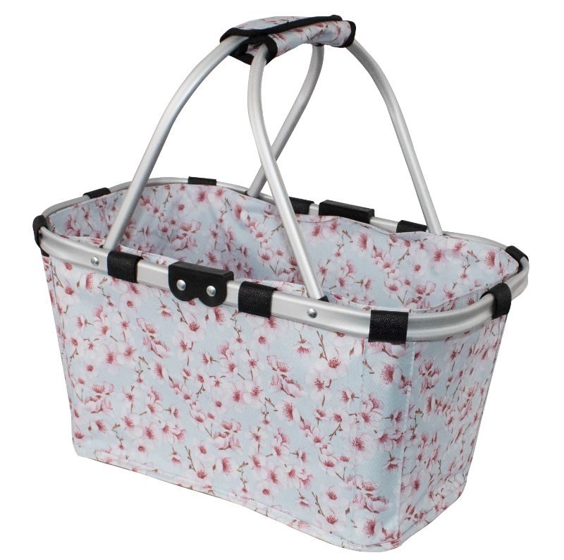 Foldable carry basket with floral design, ergonomic handles, and zip pocket for eco-friendly shopping and picnics.