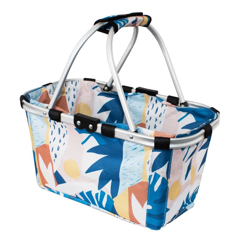 Foldable carry basket with abstract Monstera design, featuring ergonomic handles and water-resistant fabric for stylish shopping or picnics.