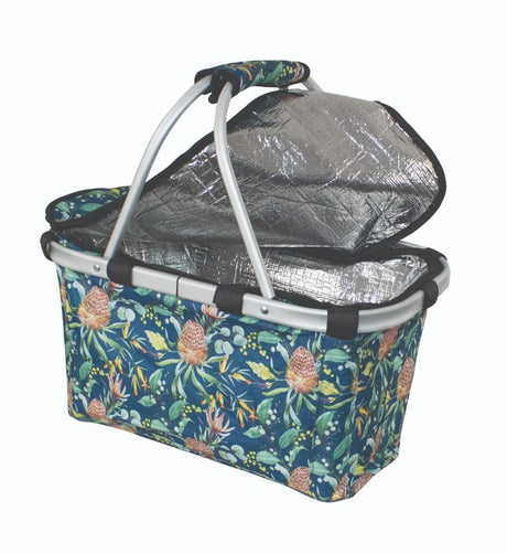 Stylish insulated carry basket with zip lid, perfect for shopping and picnics, featuring ergonomic handles and durable materials.