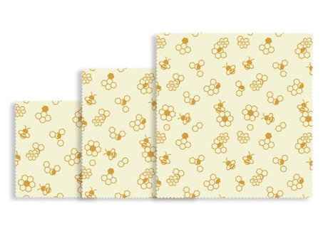 Eco-friendly Beeswax Food Wrap Starter Pack with three sizes for sustainable food storage and waste reduction.