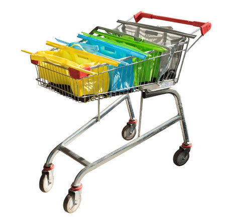 Colorful set of 4 reusable trolley bags designed for organized grocery shopping and easy item separation.