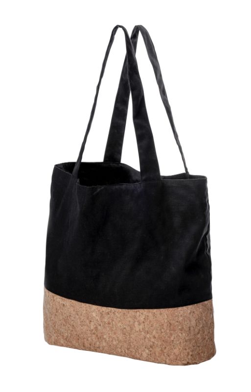 Eco-friendly black cotton grocery bag with cork, foldable design, spacious pockets, holds 25kg, versatile for all errands.