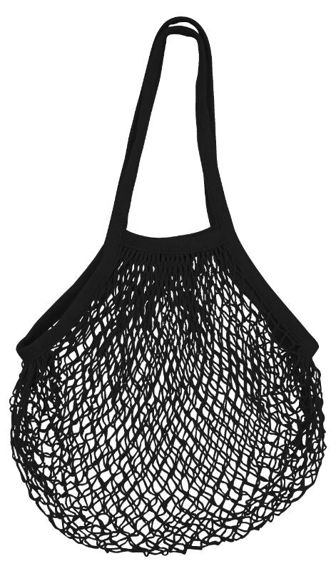 Long handle black string bag made from natural cotton, perfect for sustainable shopping and travel with a capacity of 18 kg.