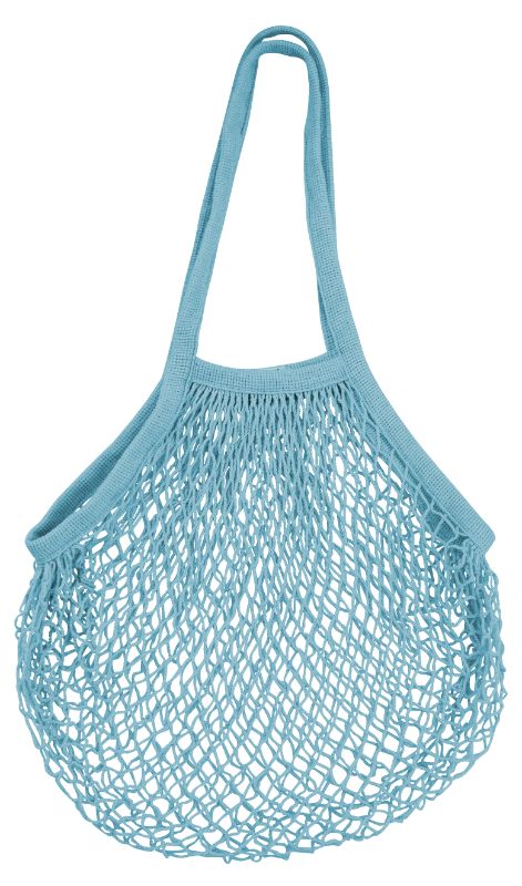 Long handle blue string bag made from natural cotton, perfect for eco-friendly shopping and beach outings, holds up to 18kgs.