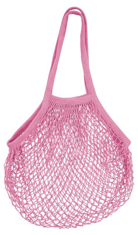 Long Handle String Bag in vibrant pink, made from natural cotton, ideal for eco-friendly shopping and travel.