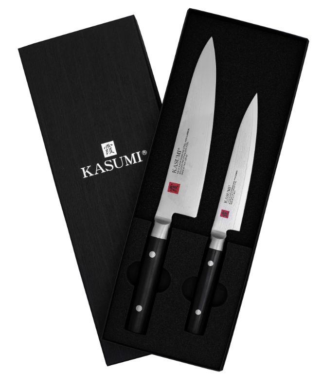 Premium Chef's Knife Set - Kasumi (2 Piece) featuring VG-10 steel blades, ergonomic handles, and beautiful Damascus pattern.