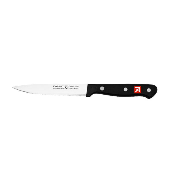 Alt text: Kamati Gourmet Utility Knife 12cm with high-carbon stainless steel blade and ergonomic synthetic handle for precise cutting.