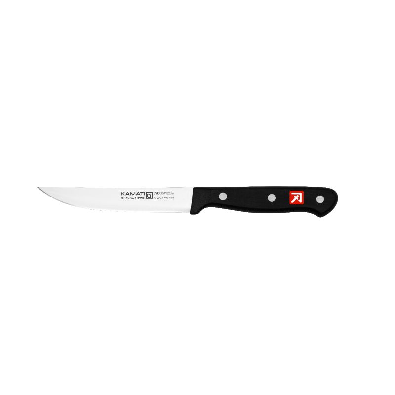 Kamati Gourmet Steak Knife 12cm: precision high-carbon steel blade and durable poly handle for effortless cutting.