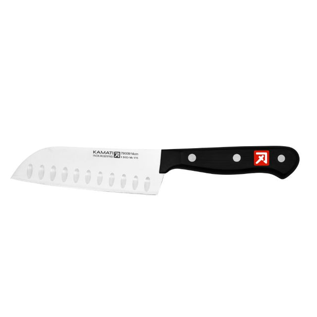 Santoku knife with a 14cm wide scalloped blade, ideal for precise slicing and dicing of fruits and vegetables.