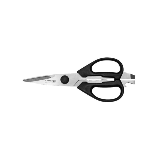 Kamati Kitchen Shears with ergonomic grip, serrated blade, and built-in bottle opener for versatile kitchen tasks.