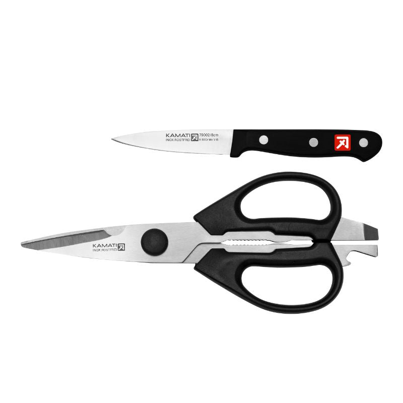 Shear Prep Set - Kamati: Kitchen shears and paring knife for versatile, precise cutting tasks; durable stainless steel, dishwasher safe.