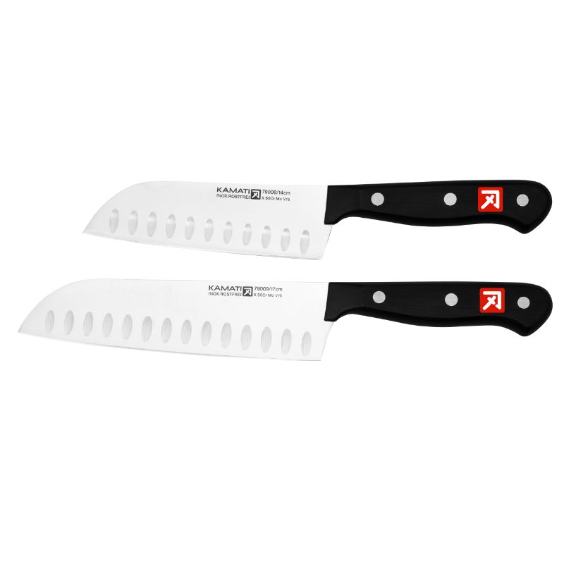 Kamati Santoku Knife Set featuring 14cm and 17cm razor-sharp blades with ergonomic handles for precision chopping.