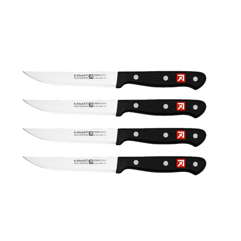 Kamati Steak Knife Set (4PCS) featuring high-carbon steel blades and ergonomic handles for effortless meat slicing.