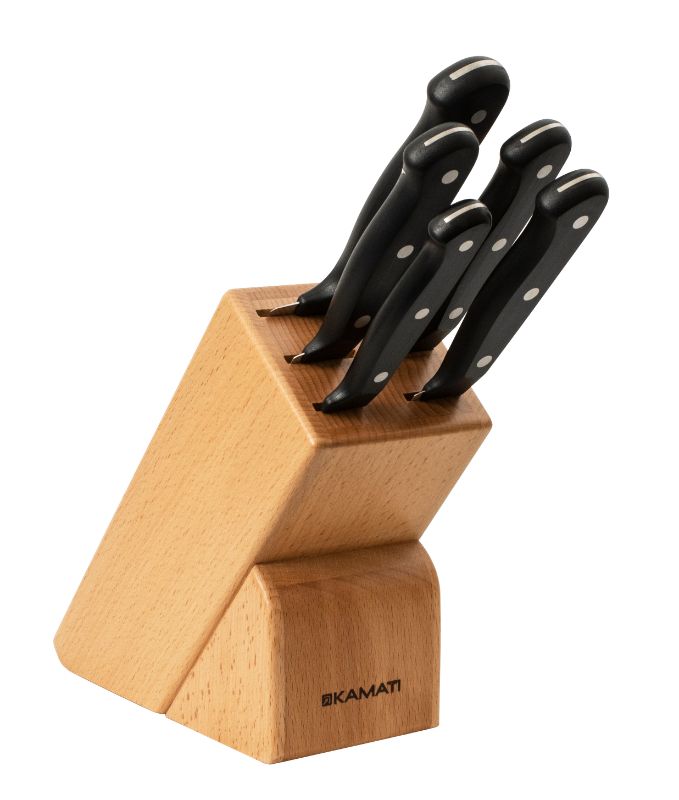 Kamati Gourmet Knife Block Set (6 Pcs) featuring premium German stainless steel knives in a stylish wooden block.