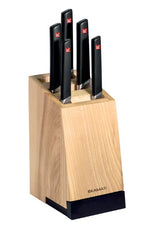 Knife Block Set With Slide - Kamati: 6 premium Japanese Stainless Steel knives in an elegant ash wood block with tablet holder.