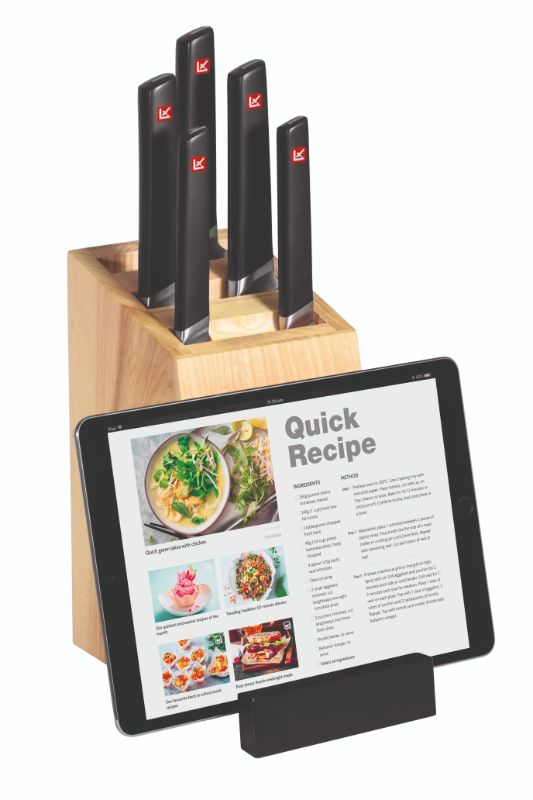 Knife Block Set With Slide - Kamati: 6-piece Japanese stainless steel knife set in elegant ash wood block with tablet holder.