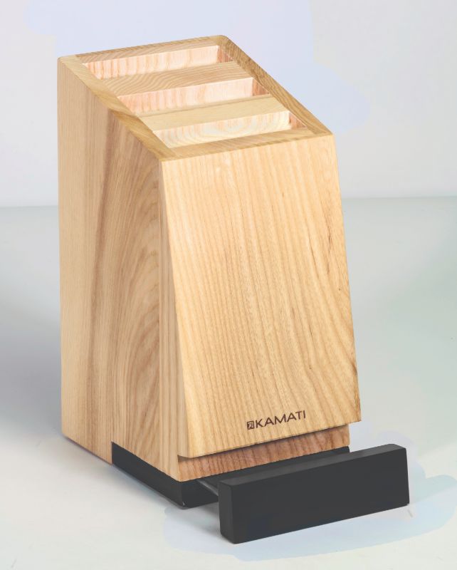 Knife Block Set With Slide - Kamati: 6 premium Japanese stainless steel knives in a stylish ash wood block with tablet holder.