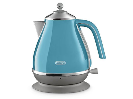 High gloss azure kettle with chromed accents, 360° detachable base, and safety features for stylish and secure use.