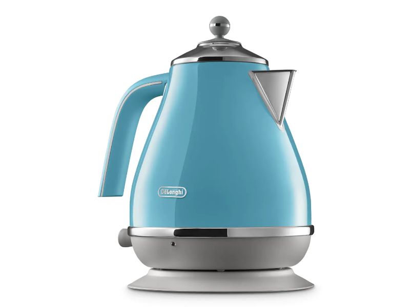 DeLonghi Icona Capitals Azure Kettle with high gloss finish, 360° detachable base, and safety features for stylish, convenient brewing.