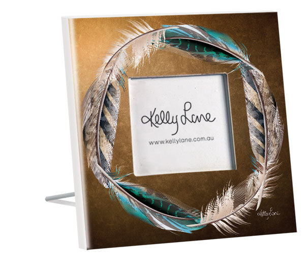 Blue Feather Circle photo frame, 20x20 cm, 4x4 inch opening, perfect for showcasing cherished memories in vibrant style.