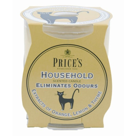 Candle jar with orange, lemon, and thyme scents, designed to neutralize odors and enhance home freshness.