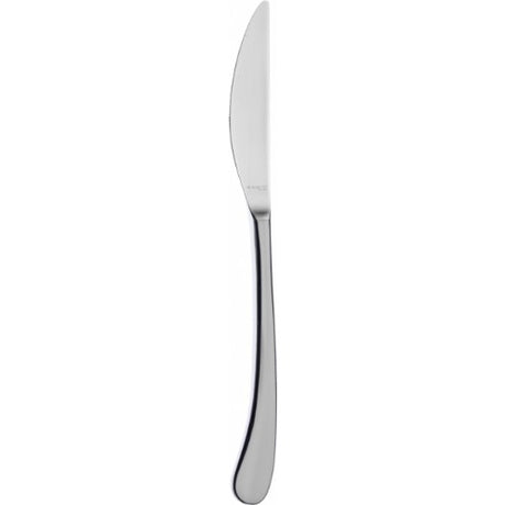 Elegant Bugatti Settimocello satin table knife, featuring sleek stainless steel and a unique shape for comfortable dining.
