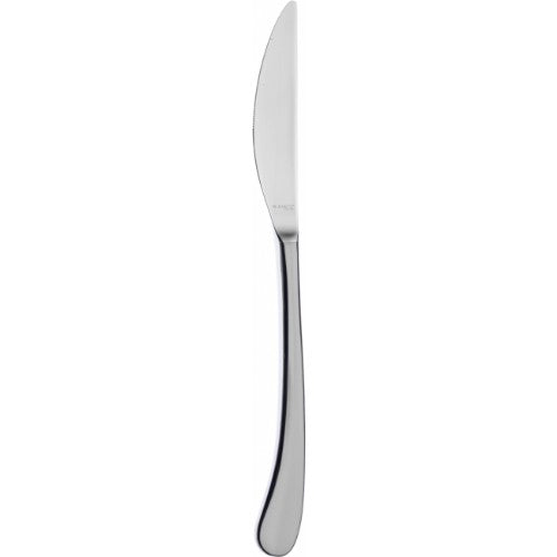 Elegant Bugatti Settimocello satin table knife, featuring sleek stainless steel and a unique shape for comfortable dining.