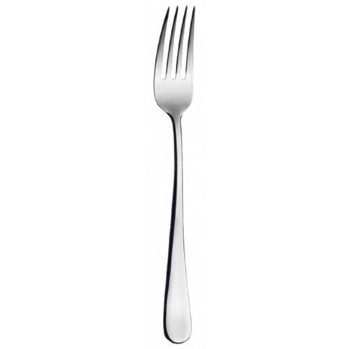 Elegant stainless steel dessert fork with a mirror finish, perfect for exquisite dining and serving gourmet treats.