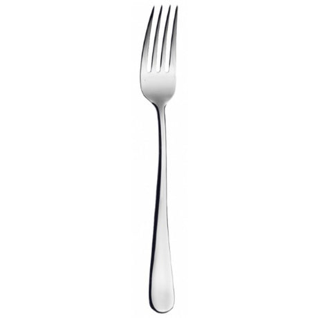 Elegant stainless steel dessert fork with a mirror finish, perfect for exquisite dining and serving gourmet treats.