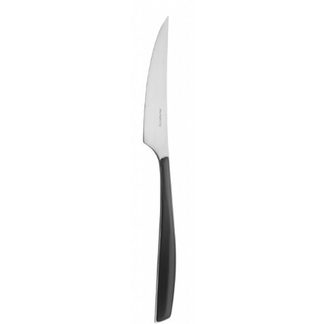 Elegant black dessert knife with a sharpened stainless steel blade and ergonomic handle, perfect for any special occasion.