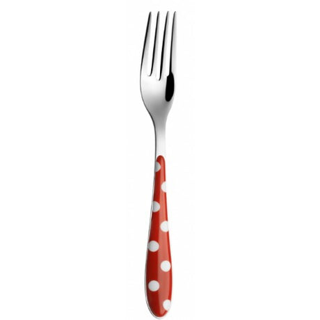 Elegant Bugatti Pois Red Spot Table Fork in stainless steel with unique red spot design, ideal for chic dining experiences.