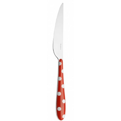Bugatti Pois Red Spot Table Knife featuring vibrant red spots, durable stainless steel, and an ergonomic handle for stylish dining.