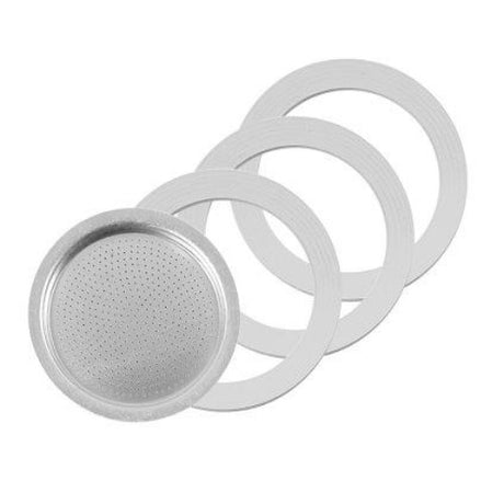 Pezzetti 2 Cup Gasket & Filter kit with metallic filter and three gaskets for optimal moka pot espresso brewing.
